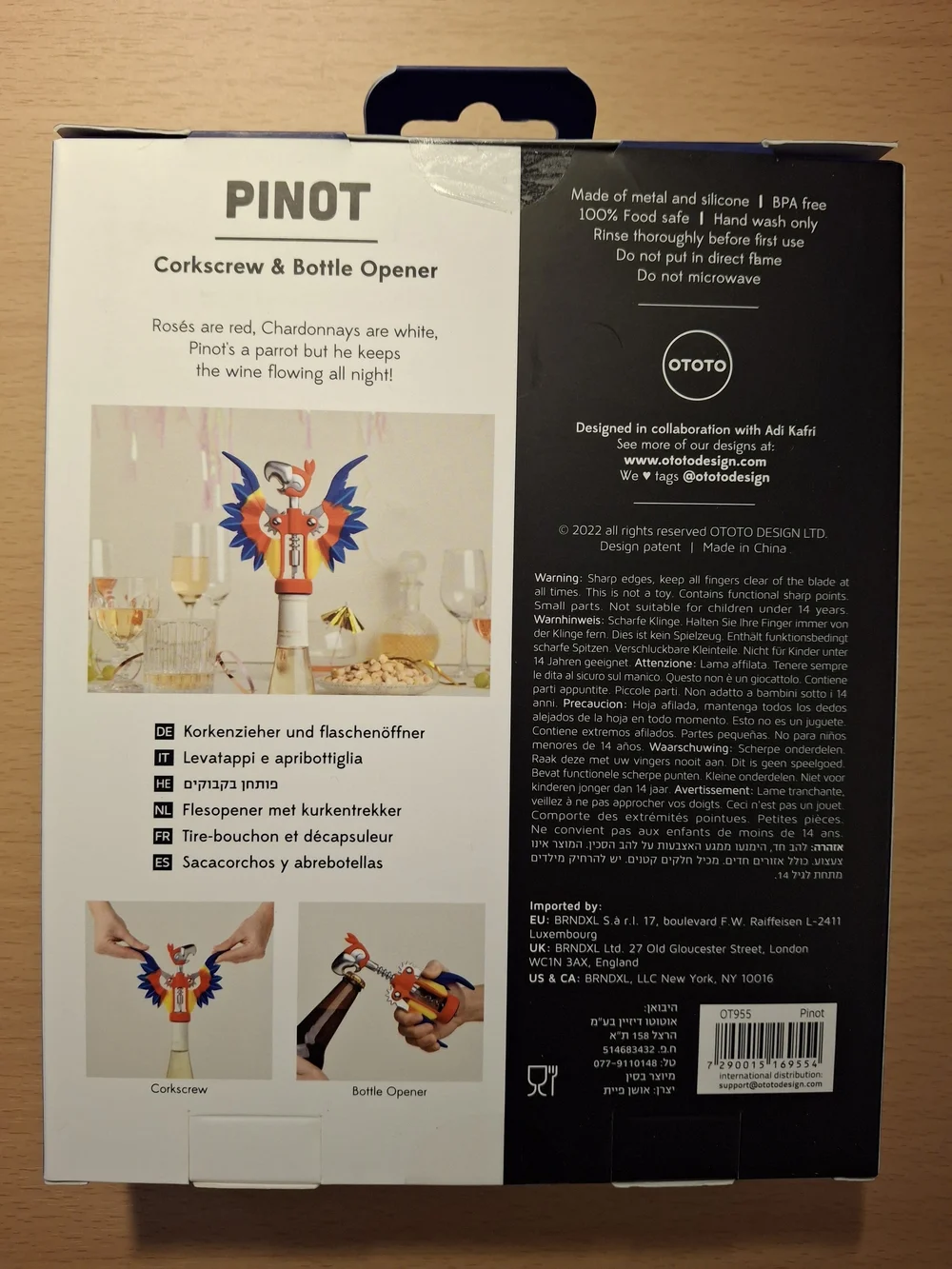 OTOTO Pinot Parrot 2-In-1 Corkscrew & Bottle Opener • New & Sealed